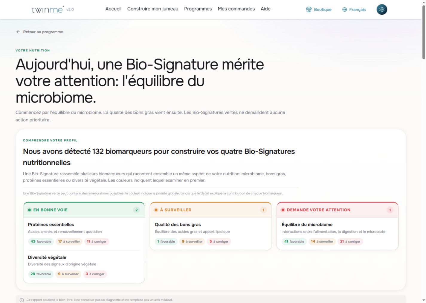 Aperçu en français d'un rapport nutritionnel de démonstration dans TwinMe
