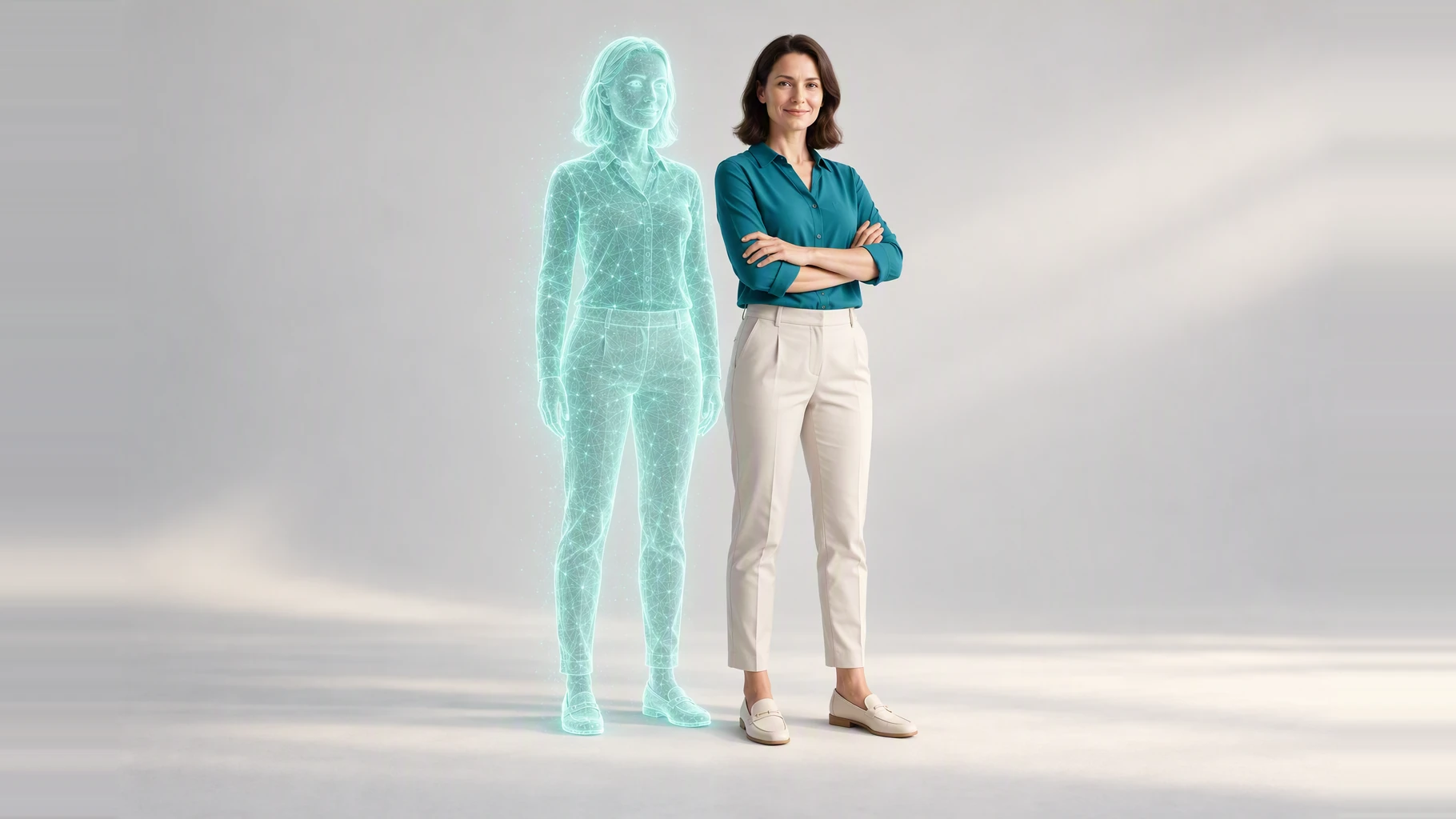 A woman beside her translucent human virtual twin