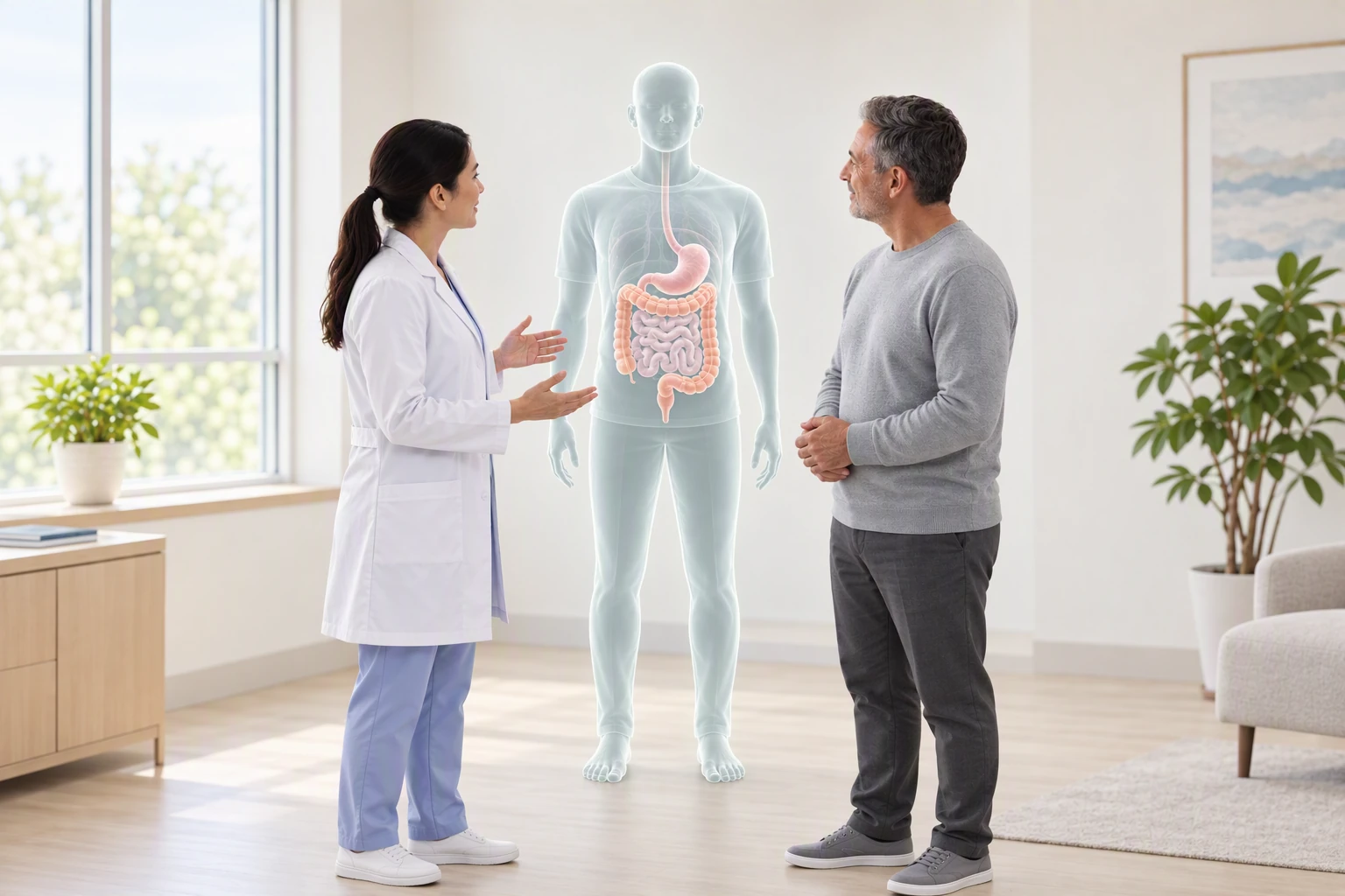 A clinician explaining a colorectal biological model