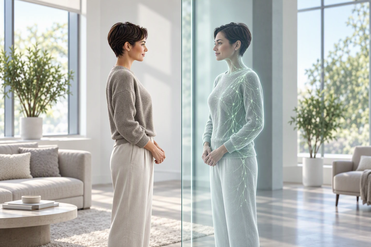 A woman and the biological patterns represented by a human virtual twin