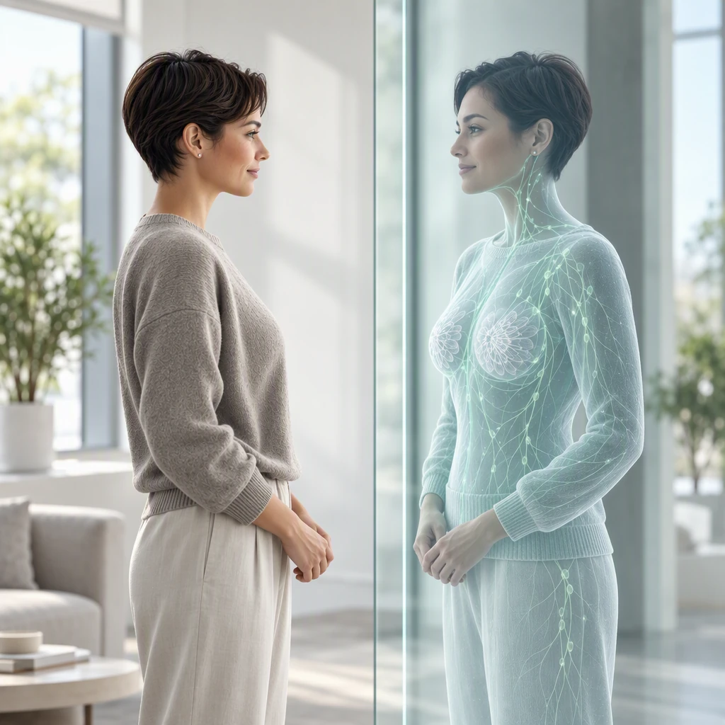 A woman beside a virtual representation of her biology