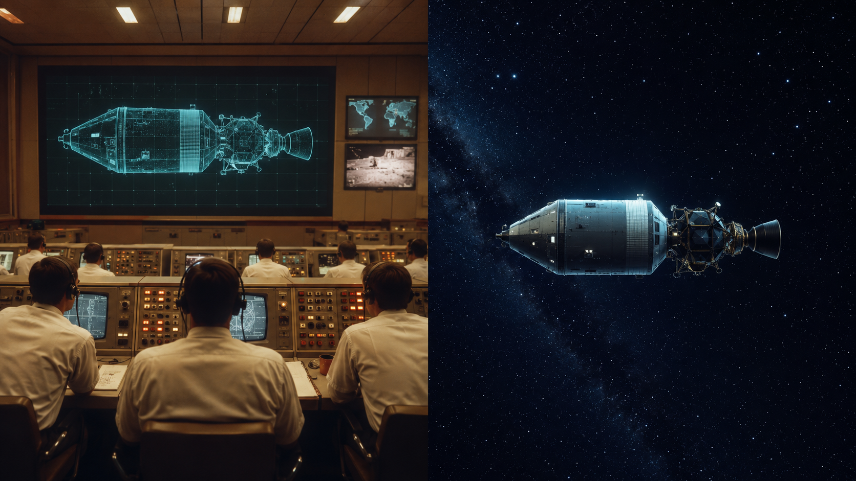 Ground control room and spacecraft in space