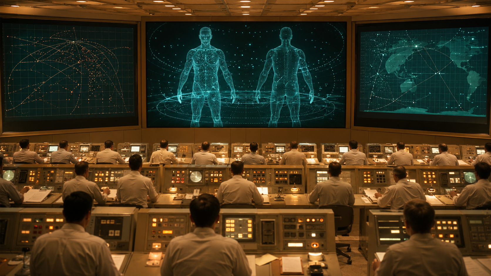 Mission control room and representation of the spacecraft