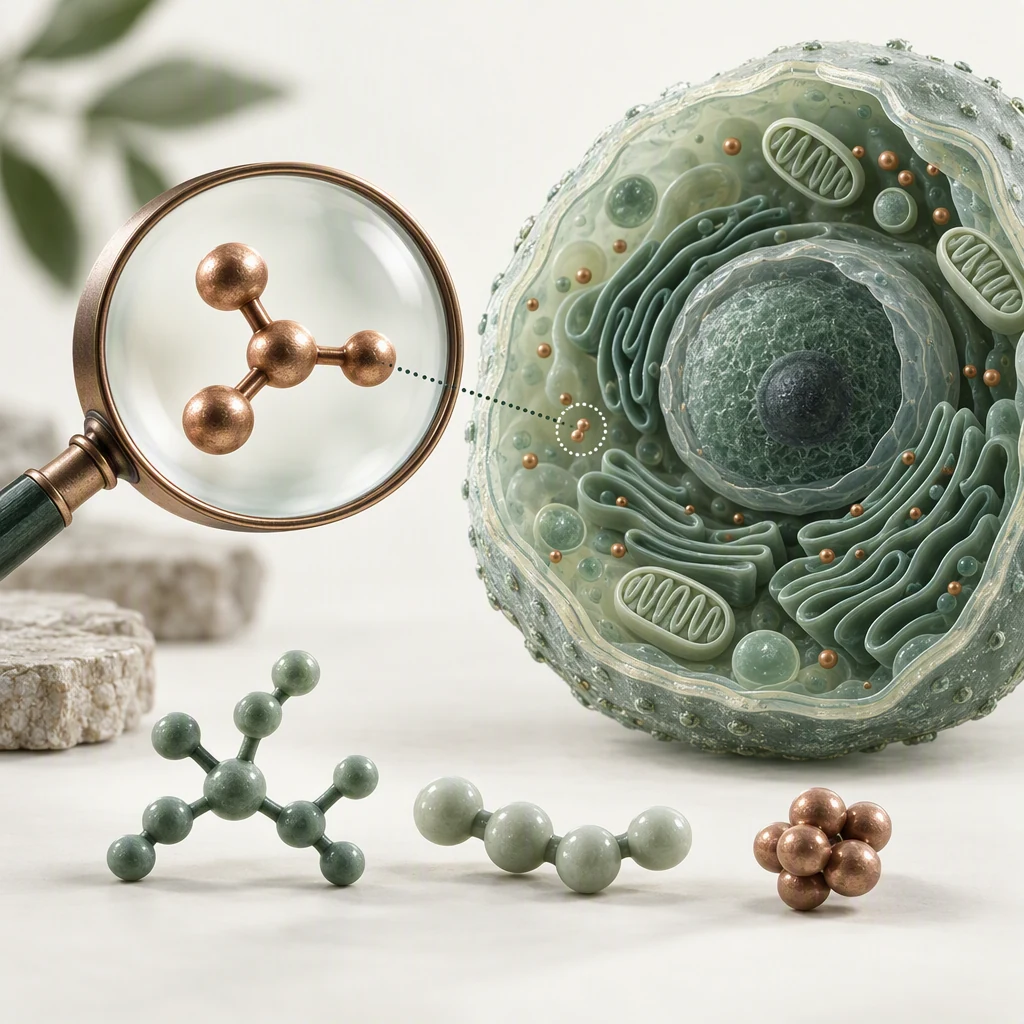 Représentation symbolique d’un métabolite près d’une cellule, entouré d’autres métabolites.