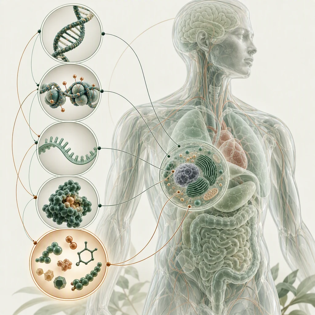 Cinq regards complémentaires sur le vivant : ADN, épigénétique, ARN, protéines et métabolites, reliés à une cellule.