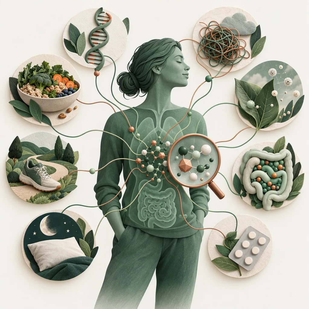 Une personne entourée de repères d’alimentation, de mouvement, de sommeil et d’environnement, reliés à des métabolites.