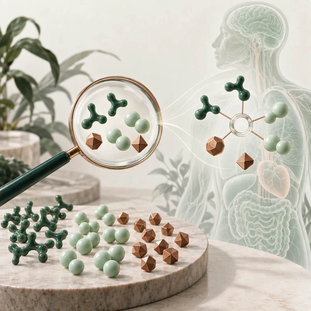 Des biomarqueurs sélectionnés parmi plusieurs familles sont reliés pour illustrer la construction d’une Bio-Signature.
