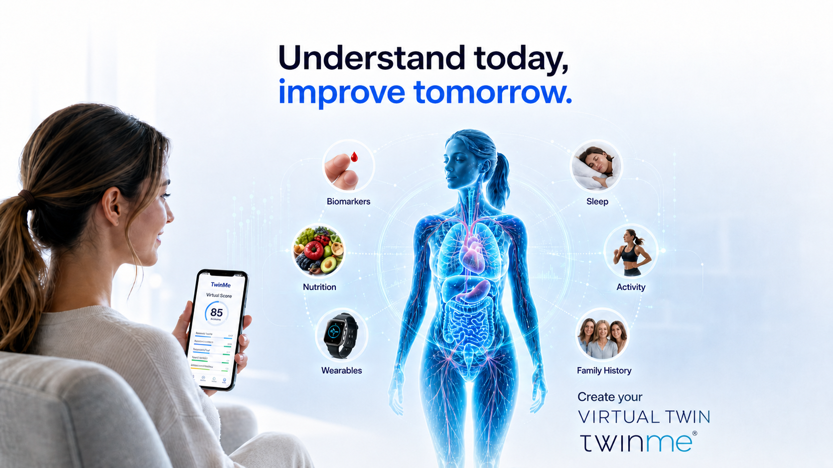 BioTwin virtual twin: understand today, improve tomorrow. Biomarkers, sleep, nutrition, activity, wearables, and family history around a virtual body.