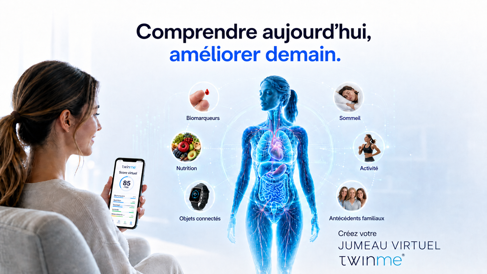 Jumeau virtuel BioTwin: comprenez aujourd'hui, améliorez demain. Biomarqueurs, sommeil, nutrition, activité, objets connectés et antécédents familiaux autour d'un corps virtuel.