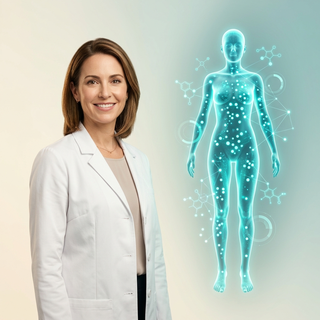 A smiling woman next to a vibrant glowing virtual twin of her body, with streams of biological data flowing around it.