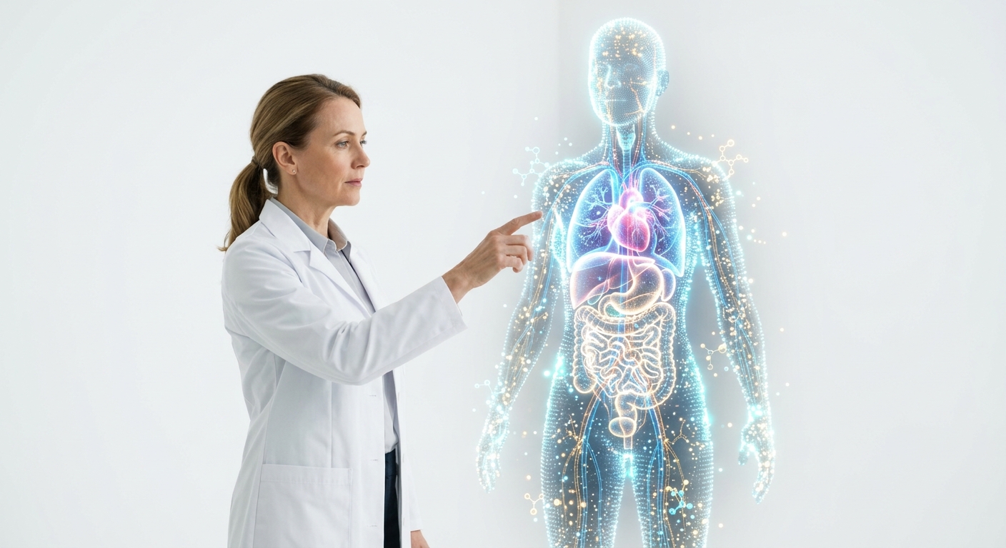 A human with data coming together, representing a virtual twin. Modern marketing, premium health tech aesthetic.